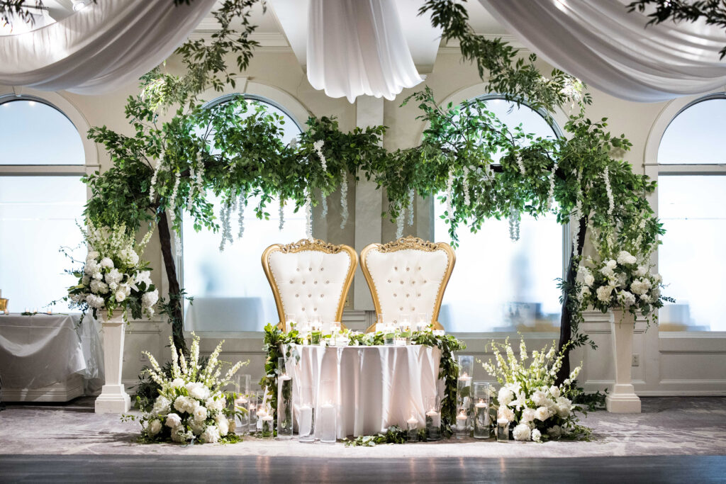 The reception space at Glen Sanders Mansion with florals by Surroundings Floral