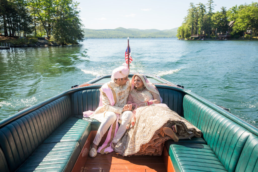 Bride and groom from an indian Lake George wedding at the Inn at erlowest wedding venue lake george