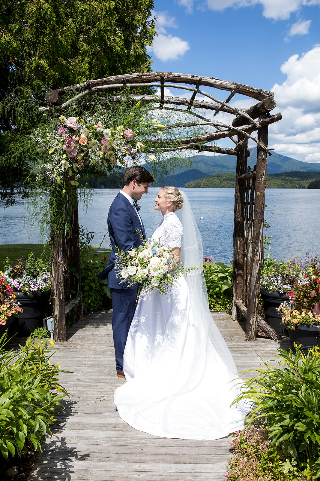 Bride and groom at a whiteface club wedding at the Whiteface Club Lake Placid