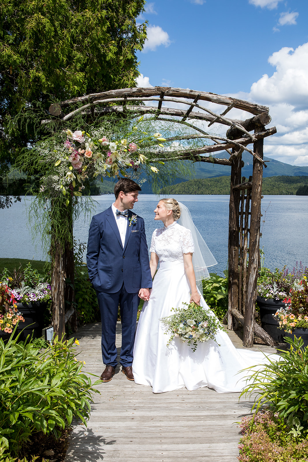 Bride and groom at a whiteface club wedding at the Whiteface Club Lake Placid