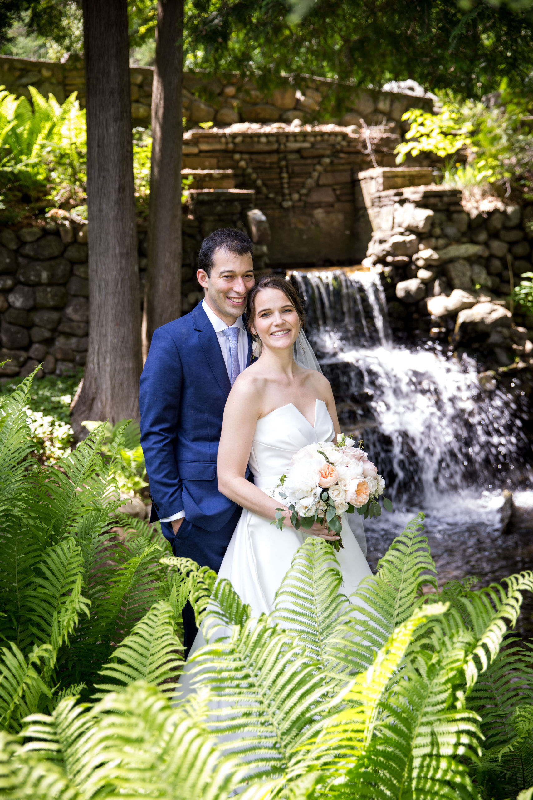 Newlyweds in the gardens at the Lake Placid Club in Lake Placid Adirondacks