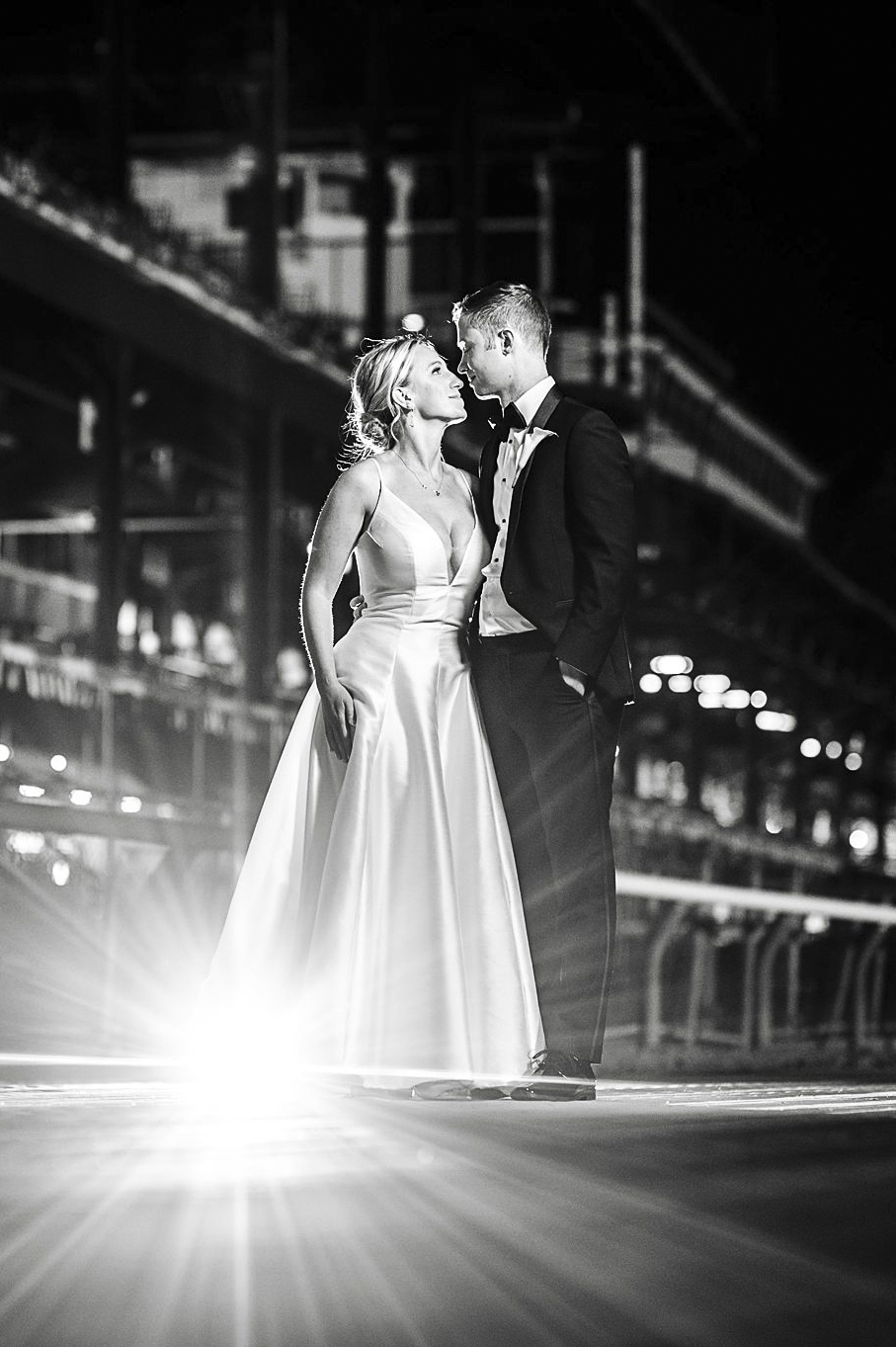 Nighttime Saratoga-themed wedding portraits at the 1863 Club